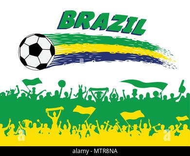 Les couleurs du drapeau du Brésil avec un ballon de football et supporters brésiliens de silhouettes. Tous les objets, les coups de pinceau et les silhouettes sont dans des couches différentes et t Illustration de Vecteur