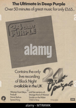 Deep Purple Press Advert ; publicité pour les albums du groupe depuis les années 1970 et 1980. Ces annonces paru dans le British music papers et afficher les albums de Deep Purple dans leur contexte d'origine. Comprend certains de leurs titres les plus célèbres, y compris de la fumée sur l'eau et Machine Head. Violet 24 carats a été leur première collection, émises à un prix budget de 1,65 € seulement. En conséquence, elle a été la première de nombreuses personnes Deep Purple et l'album se vendit très bien. Publié en 1975 Banque D'Images