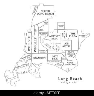 Plan de la ville moderne - Long Beach Californie ville des États-Unis avec des titres et des quartiers contour plan Illustration de Vecteur