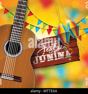 Festa Junina Illustration avec guitare acoustique, drapeaux de parti et lanterne de papier sur fond jaune. Typographie sur table en bois Vintage. Brésil Juin Vector Design Festival de carte de Vœux, invitation ou maison de l'affiche. Illustration de Vecteur