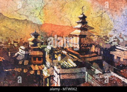 Peinture de l'Hindu Temple de Nyatapola au coucher du soleil dans la ville de Bhaktapur (Kahtmandu Valley), au Népal. Banque D'Images