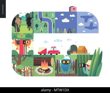 Des choses simples - forest situé sur un fond blanc - télévision cartoon vector illustration d'oiseaux, Ciel, nuages, vue de dessus camp avec rivière, arbres, forêt, tr Illustration de Vecteur