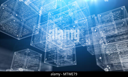 Un cyberespace 3d illustration de code programme transparent tourbillonnant des cubes multidimensionnels de travers dans l'espace informatique de l'information numérique complète dans le bl Banque D'Images