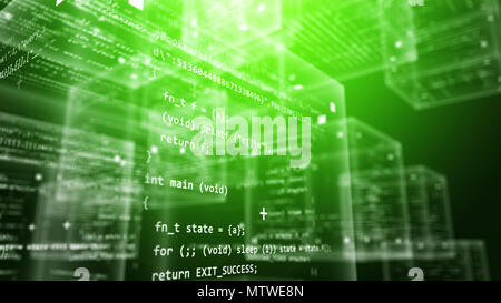 Un rendu 3D avancée de voir-à travers les cubes de code de programme dans la calculateur vert monde plein de signes, symboles, chiffres et lettres. Ils appartiennent Banque D'Images