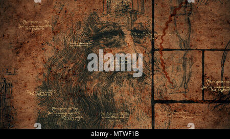 Un sage 3d illustration de code Da Vinci placés dans un nombre d'or, les cases noires, brainy quotes et le portrait de l'ancien italien barbu homme loo Banque D'Images