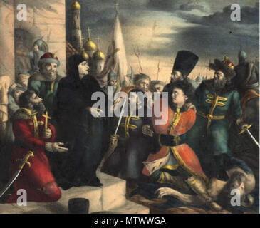 . Русский : Царица Марфа обличает Лжедмитрия. Раскрашенная эскизу литография по В. Бабушкина. Государственный исторический музей . moitié du XIX siècle. V/ 433 Babushkin Meurtre d'Ljedmitry Banque D'Images