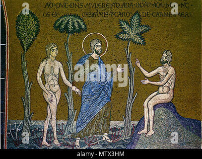 . Séance d'Adam et Eve. Еву Адаму ведут к, который встречает совершенном изумлении ее в. Mosaïque byzantine à Monreale . 12e siècle. 422 anonyme réunion Eva adam Monreale Banque D'Images