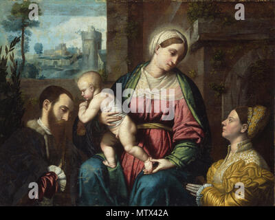 . Vierge à l'enfant avec deux donateurs . circa 1528 424 Moretto, Madonna col bambino e due San Biagio Banque D'Images