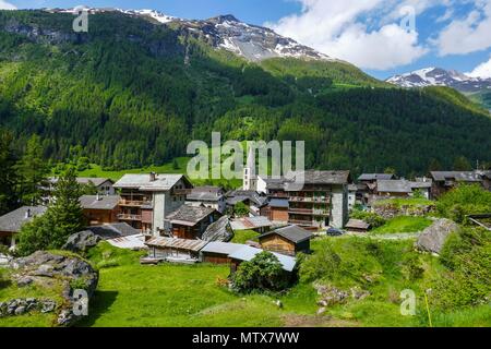 Les prairies alpines avec fleurs et montagnes à Evolene, Val d'Herens, Suisse Banque D'Images