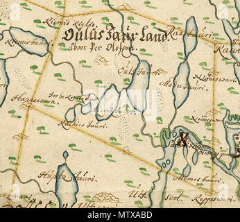 . Svenska : Lappskattelandet Oulusjaur avbildat väster om Sorsele, på Jonas Persson Geddas karta över Umeå lappmark 1671. English : 'Oulusjaur terre traditionnelle Sami', à l'ouest de Sorsele, dans le nord de la Suède. Partie de Jonas Persson Gedda's site d'Umeå lappmark à partir de 1671. 5 juin 2012. Jonas Persson Gedda 460 Oulusjaurlandet Banque D'Images