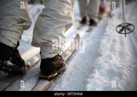 En étudiant la guerre d'hiver de base suédoise utilise des skis de fond pendant un mouvement de mars pendant le domaine d'entraînement à Avidsjaur, Suède, le 30 janvier 2016. Les Marines américains ont participé à l'aide d'un programme national de formation qui a porté sur la survie par temps d'hiver et sa capacité à effectuer des opérations d'infanterie et de diriger de petites unités par temps froid. (U.S. Marine Corps photo par le Sgt. Marcin Platek/libérés) Banque D'Images