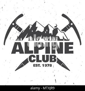 Badge du club alpin. Vector illustration. Concept pour chemise ou d'un logo, d'impression, de timbres ou de pièce en t. Typographie vintage design avec piolet, l'escalade et de chèvre Illustration de Vecteur