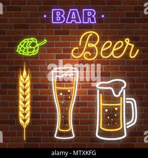 Ensemble de bar à bière neon sign on brick wall background. Vector illustration. Illustration de Vecteur