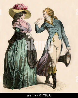 L'allemand man greeting une femme, années 1700. Impression couleur à la main Banque D'Images