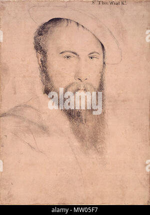 . Anglais : Portrait de Sir Thomas Wyatt, une copie, par un autre côté, le portrait de Hans Holbein (ci-dessous). Les craies de couleur et noir, plume et encre sur papier rose-apprêté, 37 × 27,7 cm, Collection royale, le château de Windsor. D'origine de Holbein Thomas Wyatt (1503 ?-42) était un diplomate et un poète de talent qui a introduit la forme sonnet italien de l'Angleterre. Il a été arrêté après la chute d'Anne Boleyn, qu'il avait admiré dans la poésie, mais il a récupéré pour devenir ambassadeur auprès de l'Empereur Charles V, avant d'être arrêté de nouveau en 1541. Holbein a également attiré un portrait de profil de Wyatt et conçu pour le travail des orfèvres Banque D'Images