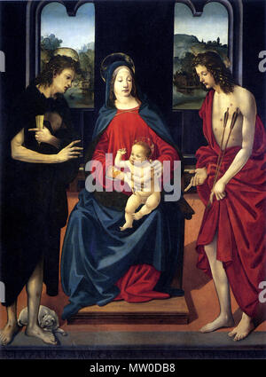 . La Madone et l'enfant avec les Saints Lazare et Sebastian Piero di Cosimo tempera sur panneau, 165 x 123 cm Montevettolini (Pistoia), SS Michele Arcangelo et Lorenzo Martire . circa 1480. Voir le fichier ou la catégorie 482 Piero di Cosimo, Sacra Conversazione di montevettolini Banque D'Images