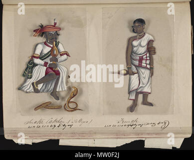 . Une page du manuscrit soixante-deux spécimens de castes dans l'Inde, qui se compose de 72 full-color images peintes à la main des hommes et des femmes des différentes castes et groupes ethniques et religieux trouvés dans Madura, de l'Inde à l'époque. Chaque dessin a été faite sur le mica, un minéral floconneux, transparent qui répartit en fines, feuilles transparentes. Comme indiqué sur la page de présentation, l'album a été compilé par le maître d'écriture à l'école anglaise établie par missionnaires américains à Madura, et donné à la Révérend William Twining. Le manuscrit montre robe indienne et dans la parure de bijoux Banque D'Images