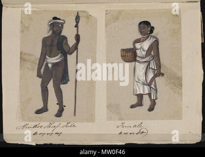 . Une page du manuscrit soixante-deux spécimens de castes dans l'Inde, qui se compose de 72 full-color images peintes à la main des hommes et des femmes des différentes castes et groupes ethniques et religieux trouvés dans Madura, de l'Inde à l'époque. Chaque dessin a été faite sur le mica, un minéral floconneux, transparent qui répartit en fines, feuilles transparentes. Comme indiqué sur la page de présentation, l'album a été compilé par le maître d'écriture à l'école anglaise établie par missionnaires américains à Madura, et donné à la Révérend William Twining. Le manuscrit montre robe indienne et dans la parure de bijoux Banque D'Images