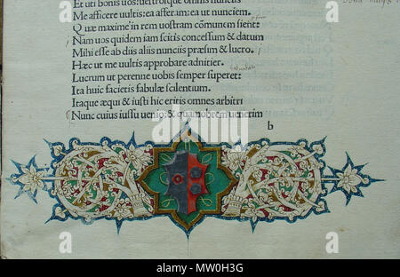 . Wappen aus der Inkunabel UB : Leipzig, Titus Maccius Plautus* : Comoediae. Hrsg. von Georgius Merula. Milan : Ulrich, Scinzenzeller 1. Dezember 1490. 2°. [Inhalt] Widmungsbrief des Hrsg. Un Jacobus Zeno, Bischof von Padua - Vita Plauti von Georgius Merula - Comoediae Plaute : - Brève von Eusèbe Scutarius un Georgius Merula. Ip ISTC00781000. GW M34006. H 13077. Encre BSB-P-574. Bod-inc P-353. Günther 1765. Halbledereinband Spätgotischer [Einband]. Schafleder auf Holz. Italien : Nicht identifizierte Werkstatt. Keine Stempel. 1 Streicheisenlinien. (VD) : /Plaute/, ebenso SV. (SO und SV :) /47/ Banque D'Images