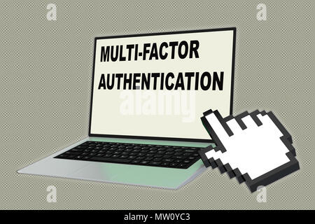 3D illustration de l'AUTHENTIFICATION MULTI-FACTEURS script avec icône main pointant sur l'écran de l'ordinateur portable Banque D'Images