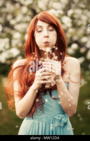 Femme en fleur de printemps qui souffle dans un pissenlit fleur Banque D'Images