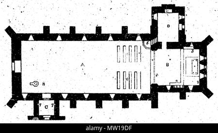 . Anglais : Figure 7 de suggestions sur l'Arrangement et les caractéristiques des églises paroissiales. Description originale par J. J. McCarthy : La Figure 7 est un plan au sol de l'une des formes les plus simples d'une église-arrangé correctement ; c'est celle de l'école St. Kevin's, récemment érigé à Glendalough, comté de Wicklow. A est la nef ; B le choeur : les autres pièces sont renvoyées à plus loin. 1851. J. J. McCarthy 580 suggestions sur l'Arrangement et les caractéristiques des églises paroissiales Figure 07 Banque D'Images