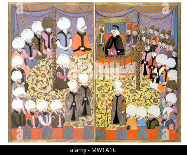 . Le sultan Ahmed III entouré de courtisans et de conseillers dans une tente. Peinture miniature ottomane du nom-i Vehbi Topkapı Sarayı Müzesi, Istanbul, (Inv. 3594/51b) . vers 1720. Levni 581 Nom 51b Banque D'Images