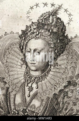 . Anglais : Fragment d'une gravure de la reine Elizabeth par Francis Delaram (rognée, miroir flip). Bibliothèque du Congrès description : "Le portrait de la Reine Elizabeth de Camden's Historie, 1630, gravé par Francis Delaram après un original par Nicholas Hilliard' (suite à [1]) . Années 1620. Francis Delaram (mort en 1627) 507 La reine Elizabeth par Delaram crop Banque D'Images