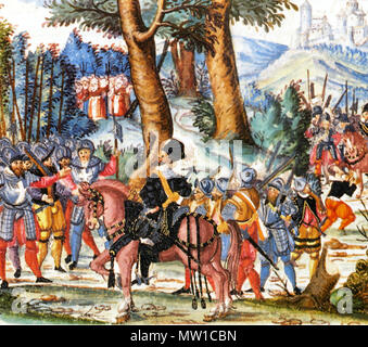 . Allemand : Rappenkrieg . Andreas Ryff près du château de Wildenstein face à l'insurrection de la campagne (mai 1594). Ryff a réussi à arrêter le conflit en utilisant ses compétences de négociation 512 Rappenkrieg wildenstein Banque D'Images