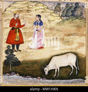 . Anglais : L'épouse de l'UN DE L'VASUS EST TENTÉ DE VOLER LE SOUHAIT-VACHE ROULEMENT NANDINI SIGNÉ MADHU WALAD, l'Inde moghole, fin 16ème siècle , RAZMNAMA PAGE DE. Or rehaussée de gouache sur papier, la miniature représentant une vache paître par une rivière qu'un mari offre des fleurs à sa femme, un petit paysage urbain derrière avec des arbres dans le coin en haut à droite, les lignes de Perse en naskh élégante au-dessus et au verso, situé à l'intérieur des frontières, doré noir a jugé la signature en rouge sur la marge inférieure lecture madhu walad tawhid, miniature monté 4 x 4 1/8in. (10,2 x 10,5 cm.), folio 11½ x 6 ¼In. (29,2 x 15,8cm.) . LAT Banque D'Images