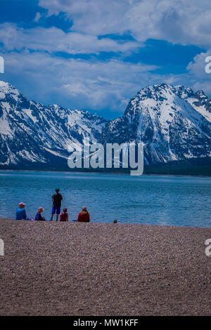 Groupe d'assise dans le sol le paysage du Parc National de Grand Teton, Wyoming, reflet de la montagne sur le lac Jackson près de Yellowstone Banque D'Images