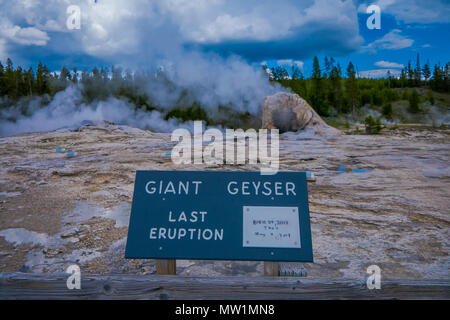 YELLOWSTONE, Montana, USA 24 mai 2018 : information signe de geyser géant, le deuxième plus haut geyser du monde. Upper Geyser Basin, Parc National de Yellowstone Banque D'Images