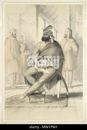 . Anglais : Artiste : Eden, Emily technique : Lithographie Date : 1844 Cette lithographie a été faite à partir de la Planche 2 de Emily Eden's 'Portraits des Princes et des peuples de l'inde'. Ranjit Singh, le dirigeant sikh, est décédé après avoir régné pendant près de quatre décennies et n'ont pas désigné un successeur. Ses fils de différentes épouses jouaient pour le pouvoir avec les Dogras Hindous et Sikhs nobles. Après beaucoup de turbulences Sher Singh a été intronisé. Eden a écrit : 'Maharaja Shere Singh (présent Souverain du Sikhs) et fils de Runjeet est arrivé au pouvoir début 1841.' Sher Singh avait servi avec honneur dans les campagnes de son père et montré ' Banque D'Images