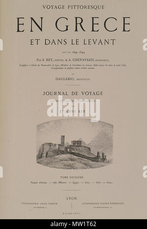 . Anglais : Étienne Rey. Voyage pittoresque en Grèce et dans le Levant fait en 1843-1844, vol. Ι-ΙΙ, Lyon, Louis Perrin, MDCCCLXVII (1867) . Entre 1843 et 1844. Étienne Rey (1789-1867) Noms alternatifs Etienne Rey Description peintre et professeur d'université le peintre français Date de naissance/décès 1789 1867 Contrôle d'autorité : Q23900264 : 8532657 VIAF ISNI : 0000 0000 6685 5854 ULAN : 500108204 RCAC : pas d00007442 GND : 131908278 WorldCat 608 page de titre du second volume de l'ouvrage Composition- l'acropole d'Athènes et les pyramides de Gizeh - Etienne Rey - 1867 Banque D'Images