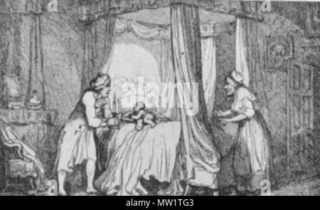 . Anglais : Rowland's illustration originale pour Henry Fielding satire 1749 Tom Jones : l'Écuyer conclut Tom, un enfant illégitime, dans son lit, et annonce l'enfant trouvé est d'être soulevé comme s'il était son propre fils, dans son manoir. 27 octobre 2014, 12:24:44. TomJonesBaby Wheelright Rowland 610 Banque D'Images