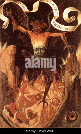 . Anglais : le démon avec l'apparence typique d'âge moyen. Les pattes des animaux, ailes de chauve-souris et faire face dans la région abdominale. 30 avril 2015. 615 Hans Memling triptyque de la vanité et la terre du salut divin (avant) Troisième partie 1485 Banque D'Images