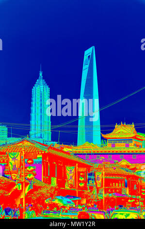 Voir des tours de Pudong avec Yu Garden Bazaar en premier plan, montrant le contraste entre l'ancien et le nouveau (rendu en PS, style pop art), Shanghai, Chine Banque D'Images