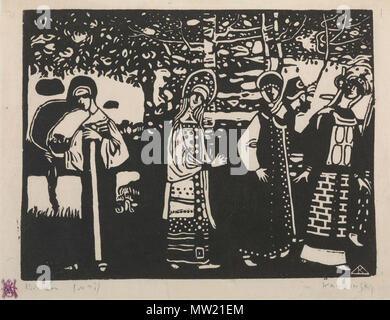 . English : Titre : Femmes dans les bois (Frauen im Wald), Technique : Dimension Xylogravure : image : 14,6 × 19,4 cm ; feuille : 16,8 × 21,6 cm. Institution : l'Hilla von Rebay Foundation, sur prêt prolongé pour le Musée Solomon R. Guggenheim, New York Anglais 1970.1411 : Titre : Les femmes dans les bois (Frauen im Wald), Technic Woodcut Taille : 14,6 × 19,4 image : cm ; feuille : 16,8 × 21,6 cm. Institution : l'Hilla von Rebay Foundation, sur prêt prolongé pour le Musée Solomon R. Guggenheim, New York 1970.1411 . 1907. Wassily Kandinski (1866-1944) Noms alternatifs Василий, Кандинский Васильевич Vasi Banque D'Images