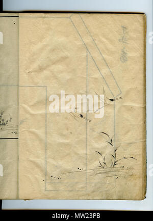 . Anglais : Scan d'un kimono dessiné à la main des dessins de tissu 'pattern', de grues et de l'eau, sur la page-verso d'un imprimé( ?) modèle standard "kimono" contours, montrant une vue 'Détail' du tissu design ; fin de la période Edo, vers 1850, que l'on croit être la zone de Kyoto ( ?) ; d'un livre manuscrit de tels dessins, encre sur papier mince-washi (double-pages pliées) ; artiste inconnu ; testscan . 18xx fin de la période Edo (vers 1850). Inconnu (tous les modèles sont présumés être provisoirement par le même artiste), analysé par uploader 651 collection Wittig.autographe 02.livre de dessins kimono grues.design.vue détaillée.02 de 0 Banque D'Images