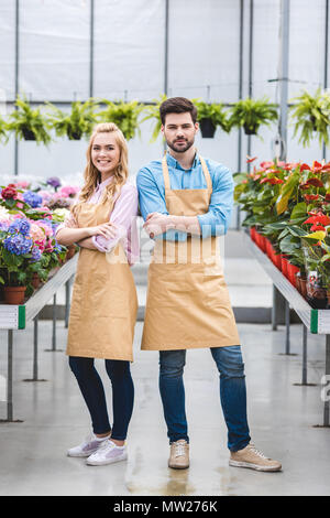 Couple de jardiniers debout parmi les fleurs en serre Banque D'Images