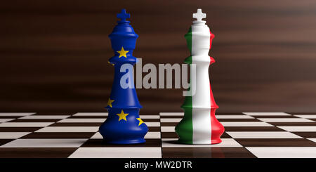 L'Italie et les relations de l'UE, Italexit concept. L'Union européenne et l'Italie les drapeaux sur les rois d'échecs sur un échiquier, fond de bois. 3d illustration Banque D'Images