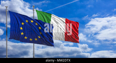 L'Italie et les relations de l'UE, Italexit concept. L'Italie et l'Union européenne drapeaux flottant, même direction, sur fond de ciel bleu. 3d illustration Banque D'Images