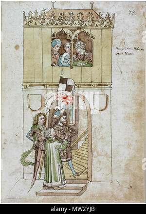 346 Belehnung Konstanzer Richental Chronik des Burggrafen Friedrich von Nürnberg, Friedrich vor dem Haus zum hohen Hafen am Obermarkt, am Fenster König Sigmund 74r Banque D'Images