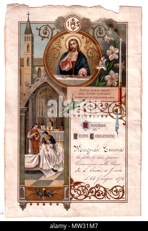 . Anglais : certificat de première Communion d'Emma Mugnai daté 1894. Le rite a été célébré en l'église Santa Croce à Greve (Florence) . vers 1894. Emma 186 Inconnu Mugnai Certificat de première Communion Banque D'Images