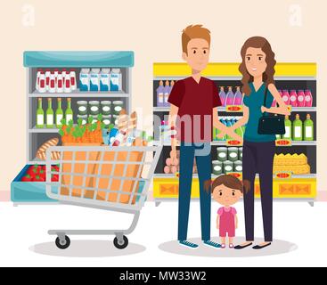 Supermarché étagères avec l'achat de la famille Illustration de Vecteur