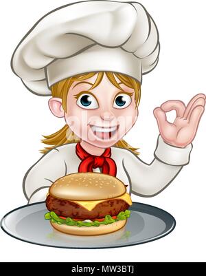 Personnage de femme chef Holding Burger Illustration de Vecteur