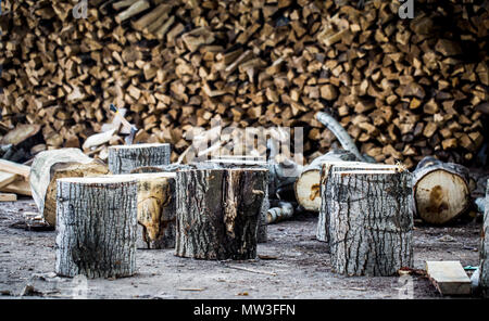 Un très gros tas de bois de chauffage, empilés dans une vieille grange Banque D'Images