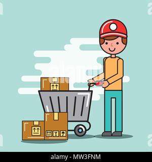 L'homme de courrier et panier avec des boîtes et de la prestation logistique Illustration de Vecteur