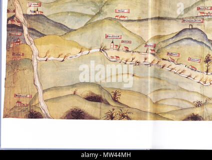 . Teilscan Stitchen Deutsch : zum einer Karte über das 'Weismainer Fischwasser' mit Verlauf der Weismain, angerenzenden Flüssen und Bächen wie und dem eingezeichneten principal Ortschaften und Mühlen. vers 1600. Fischwasserkarte 643 Inconnu Weismainer (u.l.) Banque D'Images