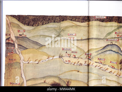 . Teilscan Stitchen Deutsch : zum einer Karte über das 'Weismainer Fischwasser' mit Verlauf der Weismain, angerenzenden Flüssen und Bächen wie und dem eingezeichneten principal Ortschaften und Mühlen. vers 1600. Fischwasserkarte 643 Inconnu Weismainer (o.l.) Banque D'Images